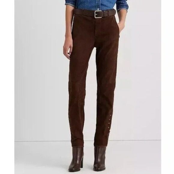 New Lauren Ralph Lauren Straight-Leg Goat Suede Riding Pants in Brown sz 16 - Picture 1 of 16
